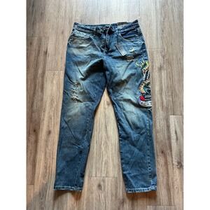 Ed Hardy Slim Taper Jeans Distressed Graphic Denim Size 32